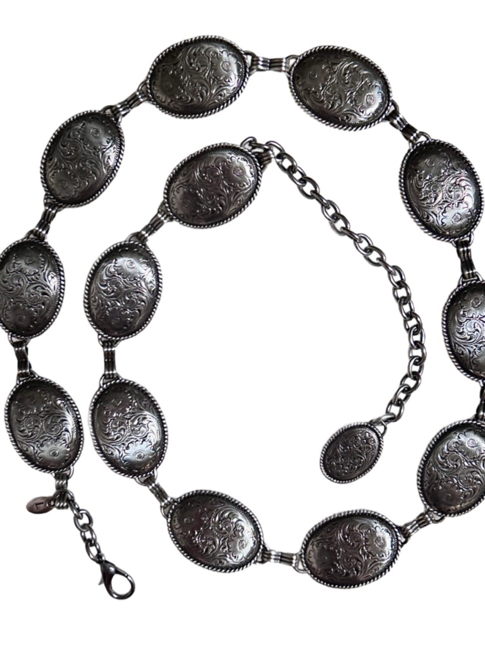 Tony Lama Women’s Large ~ Silver Tone ~  11 Conchos W/Floral Engraved Chain Belt